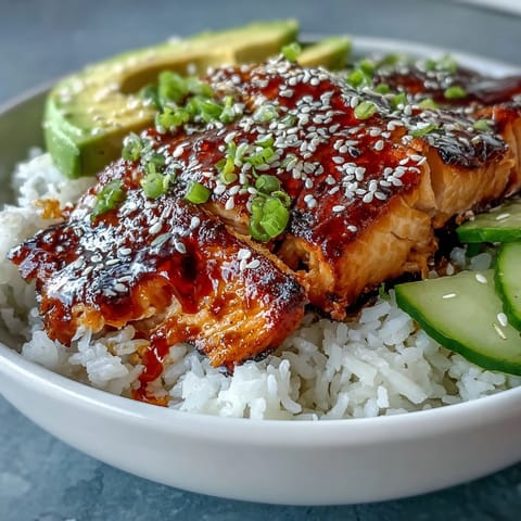 Flaky, pan-seared salmon fillet glazed in glossy honey sriracha, served over fluffy jasmine rice with crisp cucumber slices and creamy avocado.