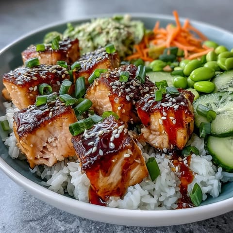 Golden-brown Baked Salmon Rice Bowl with fluffy jasmine rice, crisp cucumber slices, and creamy avocado.