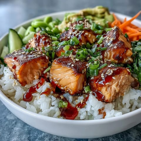 Vibrant Baked Salmon Rice Bowl topped with shredded carrots and edamame, drizzled with spicy sriracha mayo.