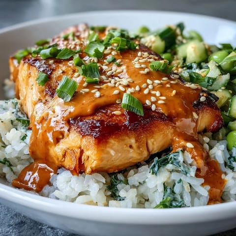 Flaky baked salmon rests atop fluffy jasmine rice, generously drizzled with creamy spicy bang bang sauce.