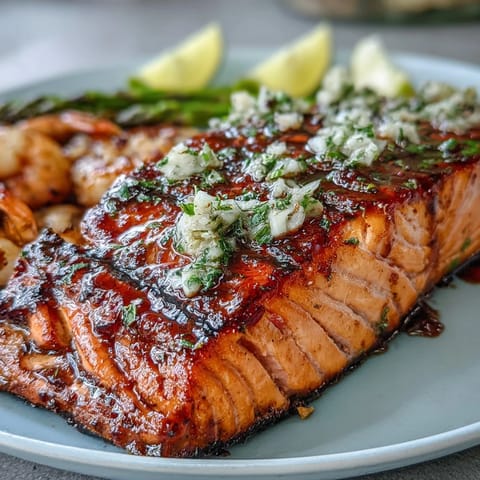 Garlic Butter Salmon with Asparagus served on a baking sheet, golden salmon fillets glistening with herb butter alongside vibrant green asparagus spears.
