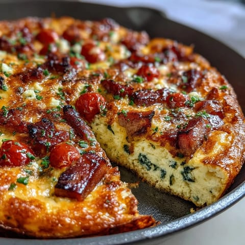 An oven-baked breakfast frittata loaded with spinach, cherry tomatoes, and gooey cheese in every slice.  