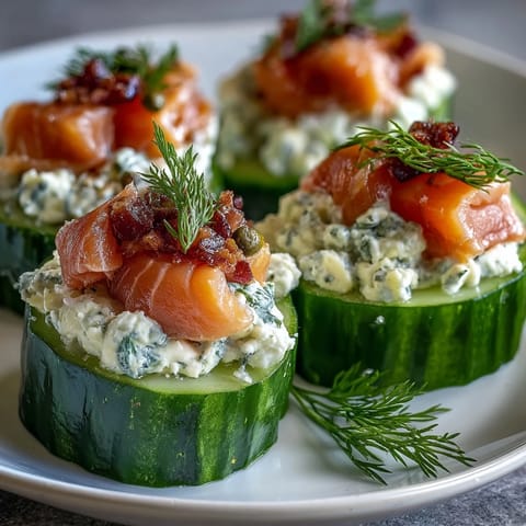 Cucumber bites topped with cream cheese and smoked salmon, garnished with dill and capers for a fresh, elegant appetizer.