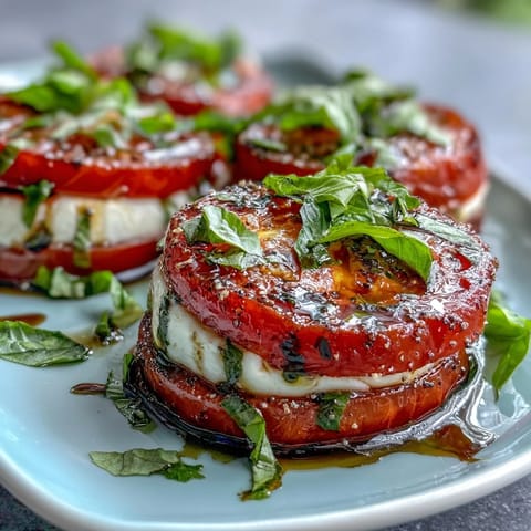 Fresh Caprese salad with basil oil drizzle, ripe tomatoes, and creamy mozzarella on a white platter.  
