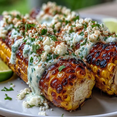 Grilled corn elote style features smoky, charred corn on the cob slathered in creamy sauce and topped with cheese and chili.