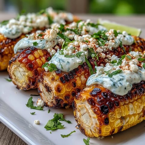 Creamy, tangy sauce coats smoky grilled corn elote style, finished with crumbled cheese, fresh cilantro, and a sprinkle of chili powder.