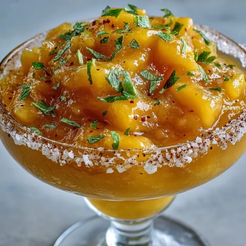 A vibrant Frozen Mango Margarita Mocktail with icy mango puree, citrus tang, and a Tajín-rimmed glass for a festive, alcohol-free cocktail experience.