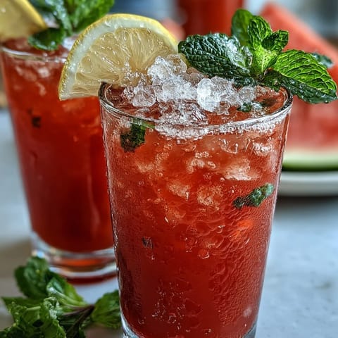 Chilled watermelon mint lemonade with ice cubes and vibrant fruit garnish, a cool and healthy summer drink for hot days.