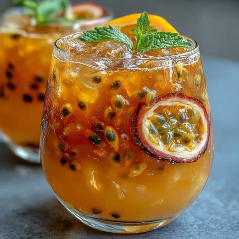 Tropical Sunrise Mocktail with passionfruit and orange in a tall glass.