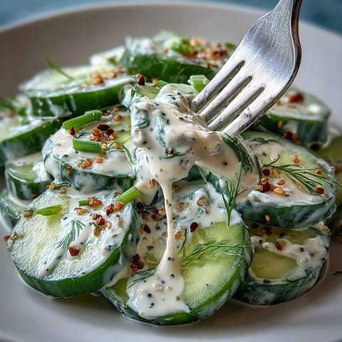Crisp, cool cucumber salad with everything bagel dressing, a quick and zesty American side.