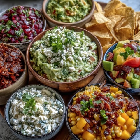 A festive Guacamole Bar featuring creamy avocado, colorful toppings, and crunchy tortilla chips.