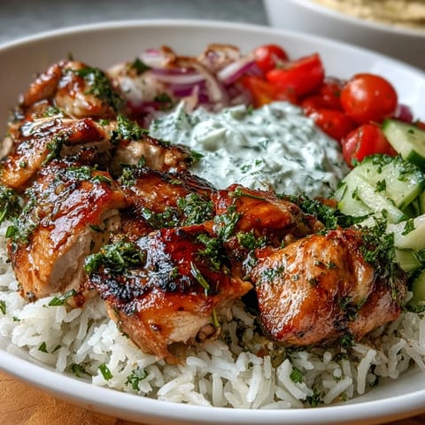 Beautifully arranged Greek chicken bowls showcasing vibrant vegetables, hummus, and fluffy rice.