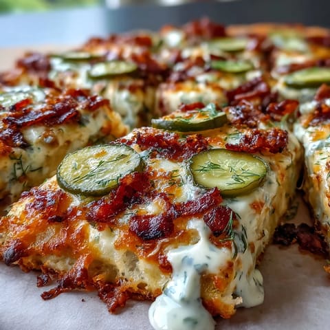 Crispy flatbread base with tangy pickles, cheese, and a savory garlic ranch drizzle.