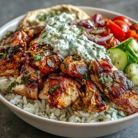 Juicy Greek chicken bowls bursting with fresh Mediterranean flavors and creamy tzatziki dollops.