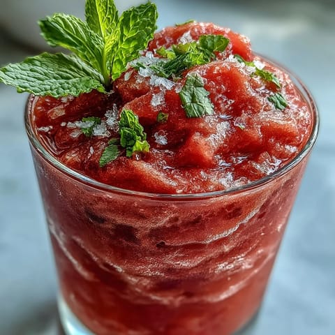 Minty Watermelon Frosé garnished with fresh mint and ice crystals.