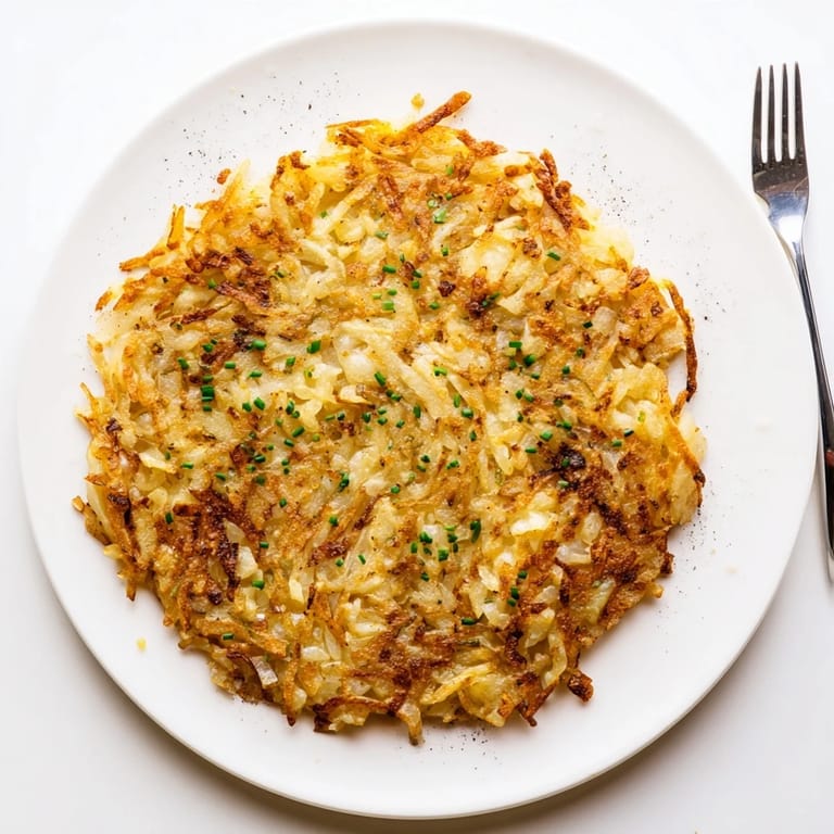 Freshly grated russet potato hash browns piled high on a white plate, garnished with chopped chives for a pop of green.