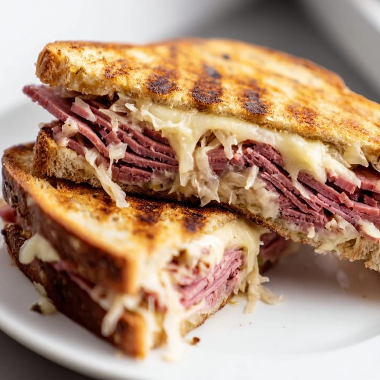 Close-up of a hot Reuben Sandwich, featuring crispy rye bread, creamy Russian dressing, melted Swiss, and warm corned beef.