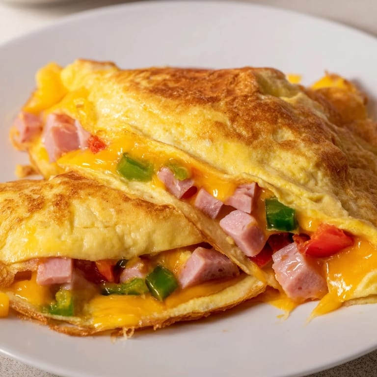 Golden-brown Denver Omelet featuring ham, peppers, onions, and gooey cheddar on a white breakfast plate.
