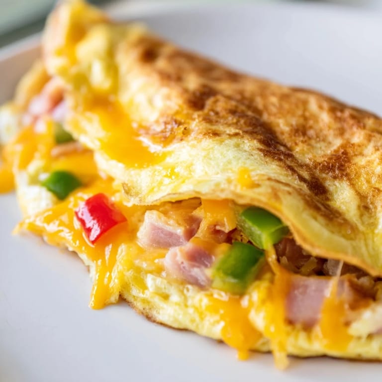 Fluffy, freshly cooked Denver Omelet with colorful peppers and onions, paired with a side of toast.