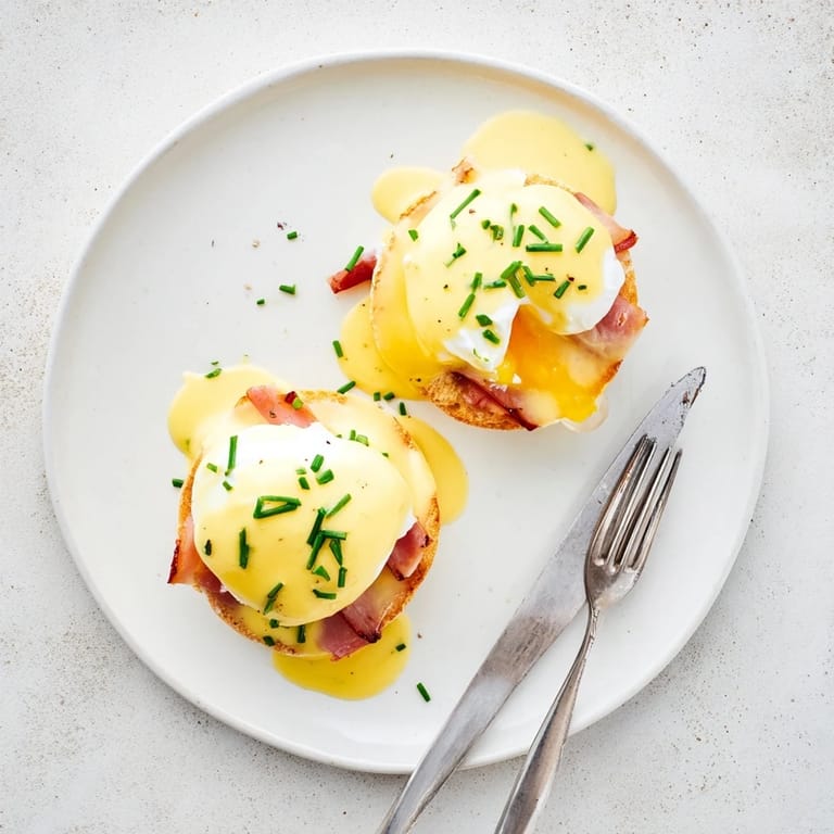 Close-up of runny-yolk Eggs Benedict, featuring fluffy English muffin base and rich hollandaise.