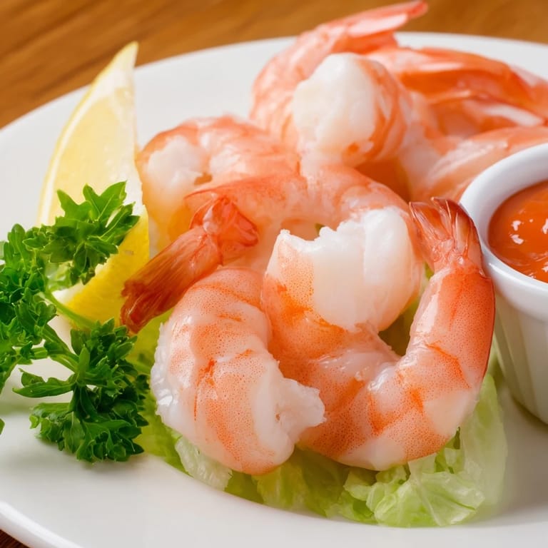 Classic shrimp cocktail recipe plated over crushed ice, garnished with fresh parsley and lemon wedges for a bright, tangy presentation.