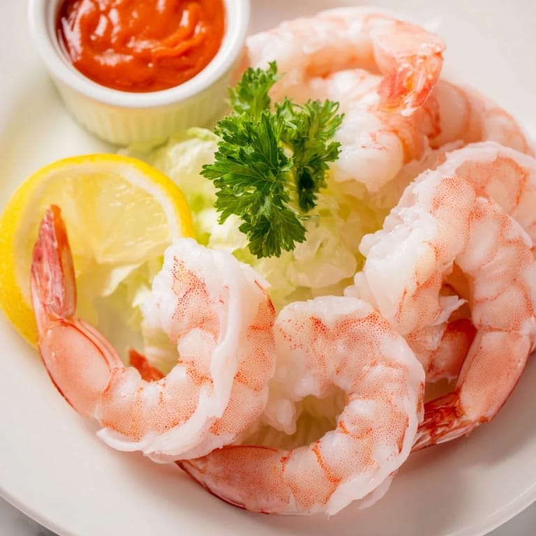 Juicy boiled shrimp with tails on are arranged around lemon wedges and a small bowl of zesty, red cocktail sauce.
