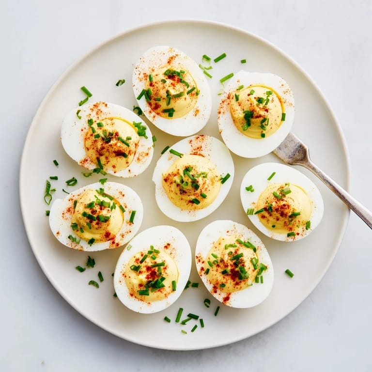 Freshly prepared Deviled Eggs arranged on a white plate, featuring a smooth, tangy mustard and mayonnaise filling garnished with parsley.