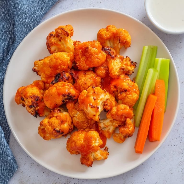 Golden, crispy battered Buffalo Cauliflower Wings fresh from the oven, tossed in tangy classic hot sauce and butter glaze.