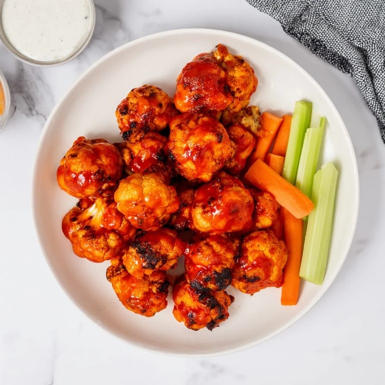 A platter of vegetarian Buffalo Cauliflower Wings with crunchy carrots and blue cheese dip, perfect for game day snacking.