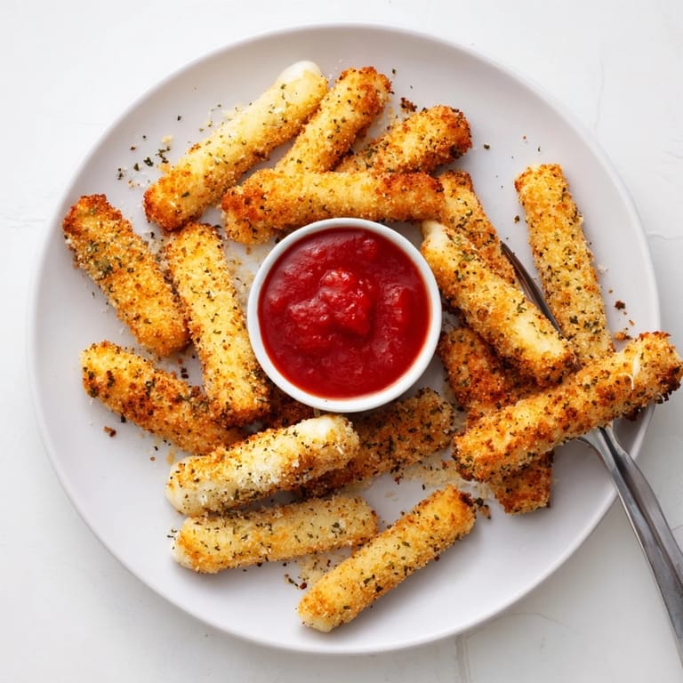 Gooey, melted mozzarella sticks lined up on a rustic platter with a small cup of rich marinara sauce and fresh parsley.