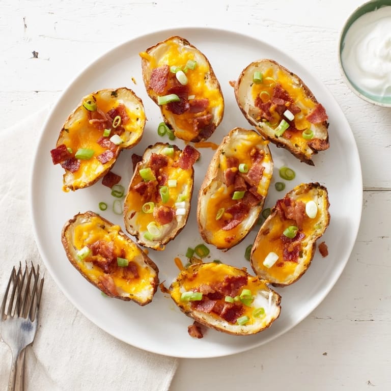 Savory homemade Potato Skins topped with gooey cheddar, smoky bacon bits, and sliced scallions, served hot.