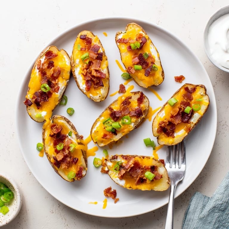 Four crisp Potato Skins on a platter filled with melty cheese, bacon, and green onions, ready to share.