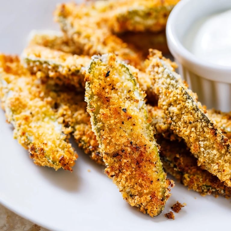 A close-up of seasoned, crispy Fried Pickles stacked high, highlighting the crunchy breadcrumbs and tangy dill spears.