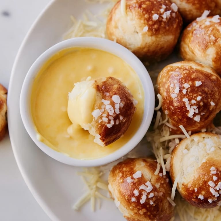Golden-brown Pretzel Bites with a side of thick, cheddar cheese sauce, ready to serve hot.