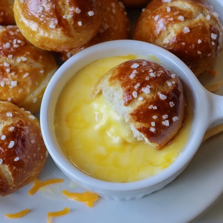 Steamy bowl of homemade cheese dip next to soft, pillowy Pretzel Bites, perfect for a party snack.