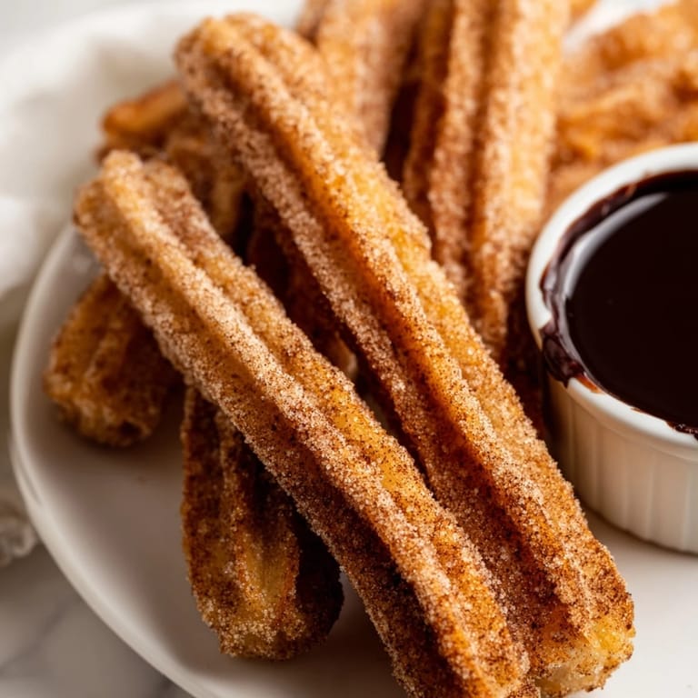 Golden churros with a crispy exterior and soft interior are dipped in dark chocolate sauce on a white plate.