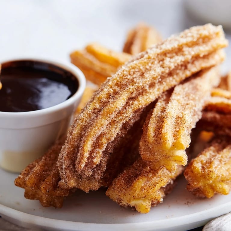 Warm homemade churros arranged on a wooden board, served with a ramekin of sweet chocolate dipping sauce.
