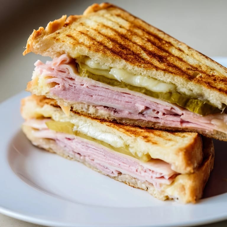Sizzling pressed Cuban sandwich in a pan, revealing cross-section of savory pork, ham, Swiss, and tangy pickles.