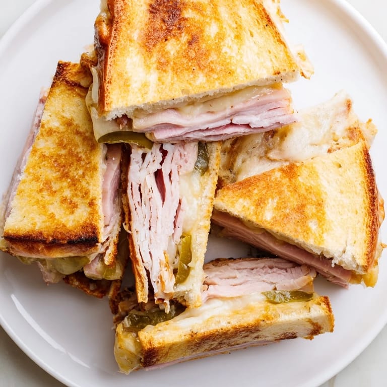 Freshly grilled Cuban sandwich cut on a wooden board, crispy bread, melted cheese, and bright yellow mustard visible.
