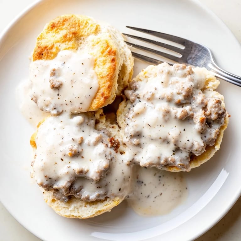 Steam rises from a plate of homemade Biscuits and Gravy, featuring crumbly buttermilk biscuits topped with creamy country sausage gravy.