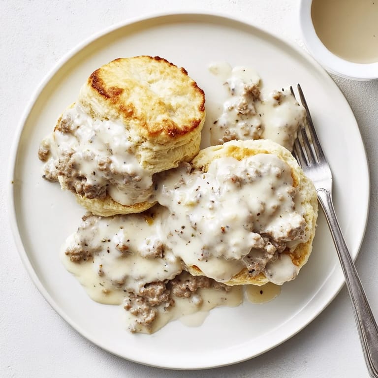 A hearty serving of Biscuits and Gravy, perfect for a Southern-style breakfast, garnished with fresh parsley and cracked black pepper.
