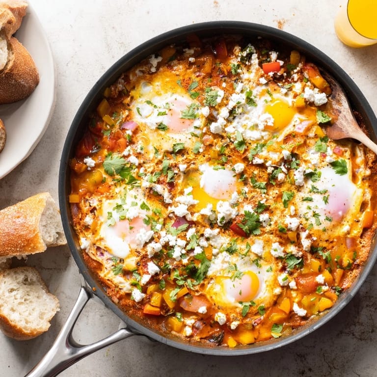 Freshly garnished shakshuka bubbling in a skillet, offering a comforting brunch dish with cilantro and feta.