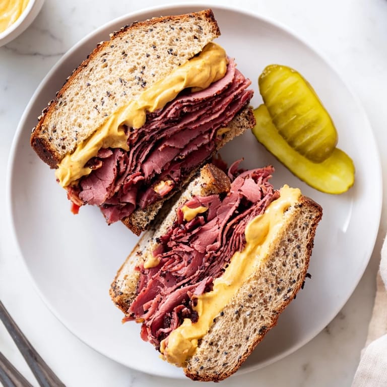 A classic Pastrami on Rye sandwich, served with a crunchy dill pickle spear.