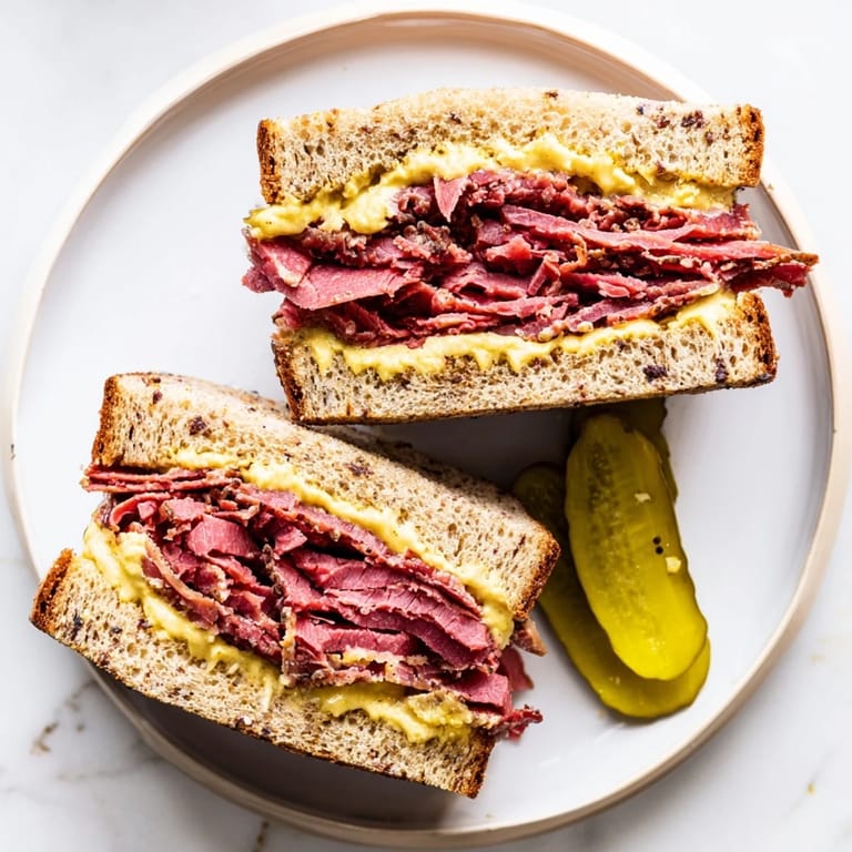 Overhead view of a Pastrami on Rye featuring toasted caraway rye and savory meat layers.