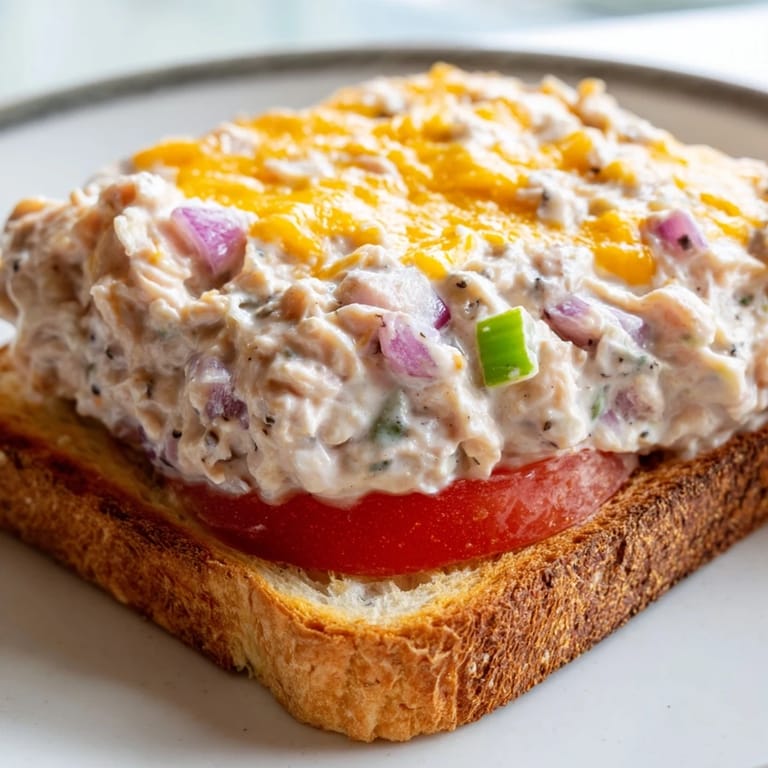 Open-faced Tuna Melt sandwich with golden crust, served on a plate as a classic American lunch.