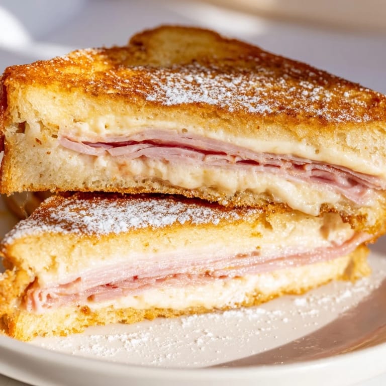 Crispy battered Monte Cristo sandwich halves reveal melted Swiss cheese and ham layers on white bread.