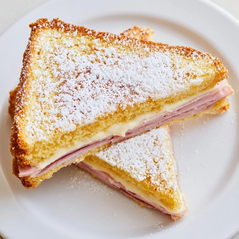 Egg-dipped Monte Cristo sandwich cooking in a skillet, butter sizzling with golden crust and melted cheese.