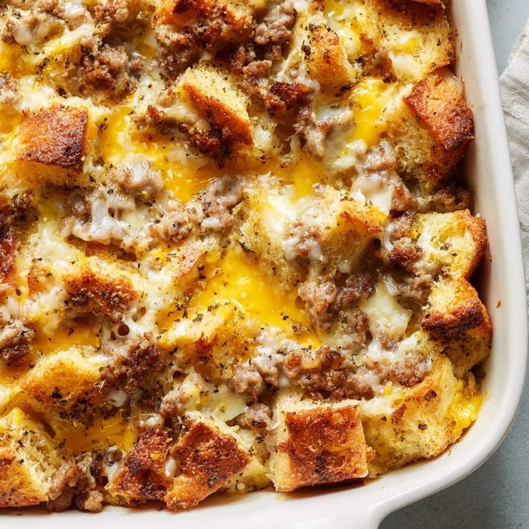 A hearty slice of Breakfast Sausage Casserole on a plate, revealing fluffy eggs, savory sausage, and bread cubes.