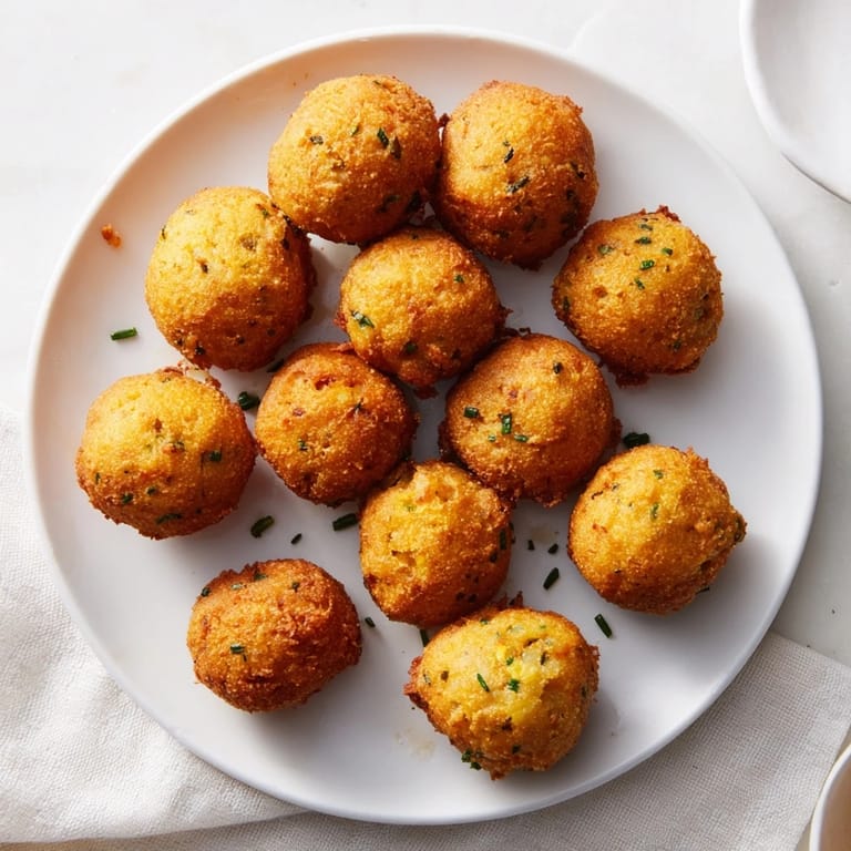 Hot, freshly fried Hushpuppies with a golden crust and tender onion-flecked interior, served beside crunchy coleslaw.