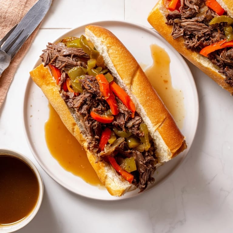 A close-up of an Italian Beef Sandwich, featuring tender braised beef and vibrant giardiniera peeking out of a crusty roll.